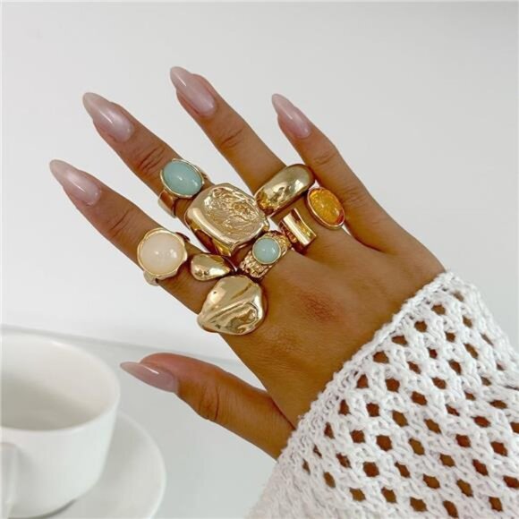 Vintage Boho Statement Ring Set – 6-8 Stackable Gold-Tone Rings - Picture 1 of 5